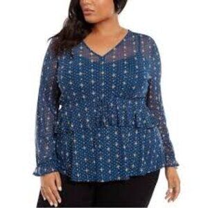 Style & Co Top Blouse Blue Printed Medallion Mesh 2 Piece Long Sleeve V-Neck 0X